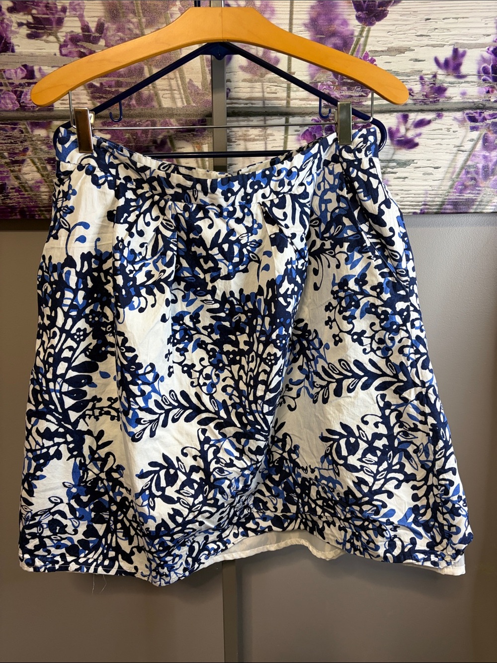 Cato White Midi Skirt with Blue Floral Design Size 12 EUC Zippered Back